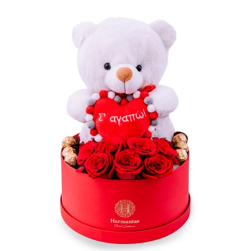 Roses, bear and chocolates in a red hat box