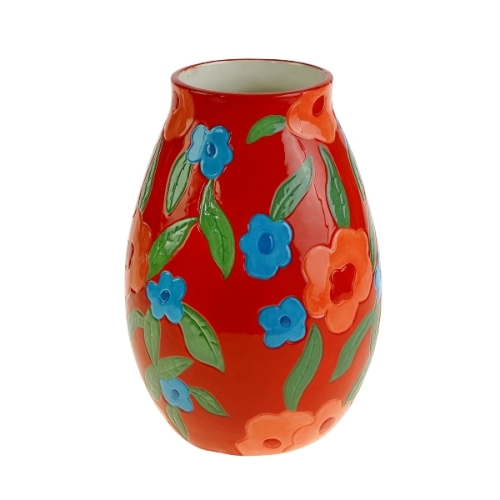 Red glossy vase with flowers