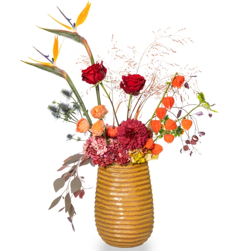 Tall vase with strelitzia and red roses 