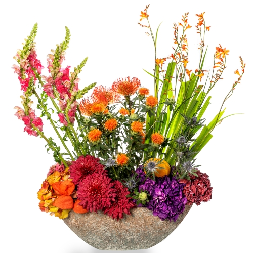 Full of flowers arrangement on stone gondola