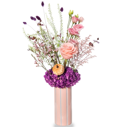 Pink striped vase with pink and lilac autumn arrangement