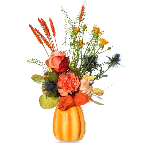 Yellow-orange pumpkin with orange autumn flowers