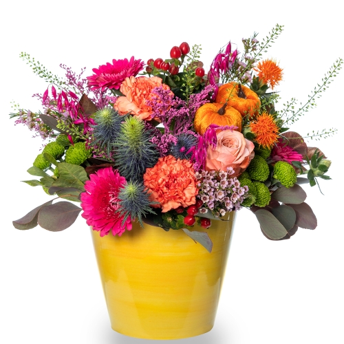 Colourful bouquet into a yellow pot