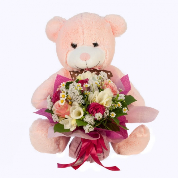 Μπουκέτο λουλουδιών με ροζ λούτρινο αρκουδάκι
