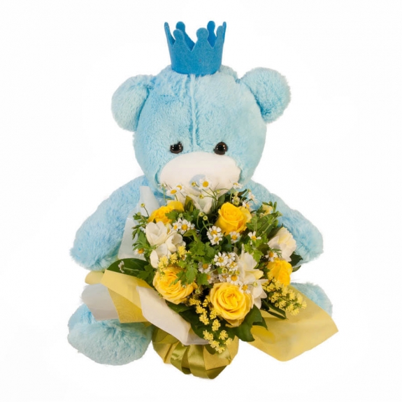 Μπουκέτο λουλουδιών με γαλάζιο λούτρινο αρκουδάκι
