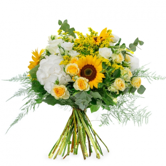 Bouquet with hydrangea, helianthus and spray roses
