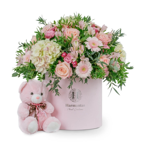 Ροζ κουτί με λουλούδια και λούτρινο