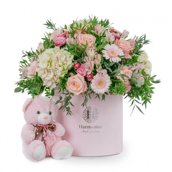 Pink box with flowers and plum