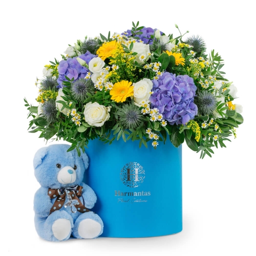 Μπλε κουτί με λουλούδια και λούτρινο
