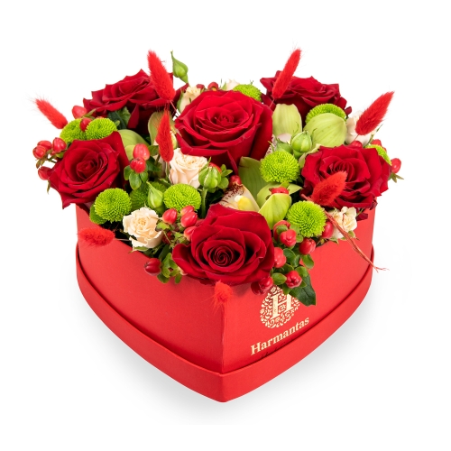 Beautiful arrangement with red roses in the shape of a heart