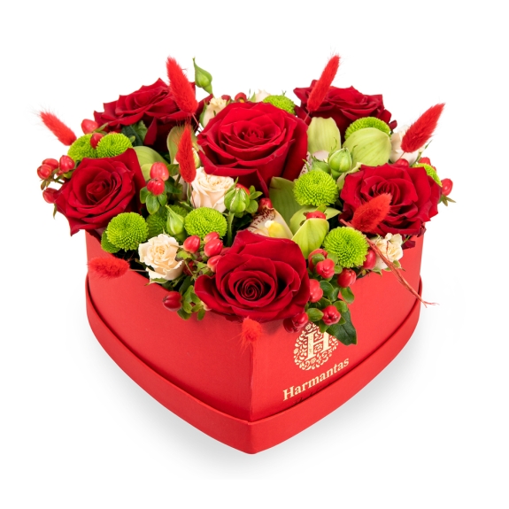 Beautiful arrangement with red roses in the shape of a heart