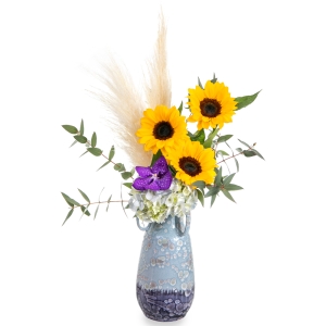 Vase with sunflowers, orchid and pampas
