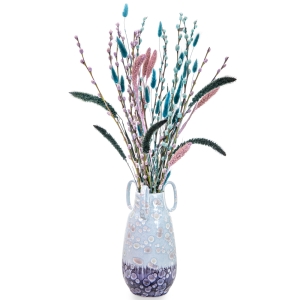 Vase with dried grains in blue and pink shades