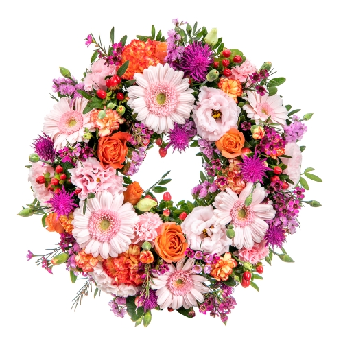 The first of may wreath in pink and orange flowers