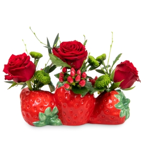 Three stawberries vase with red roses