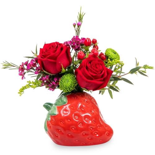 Strawberry vase with roses