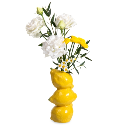 Lemon vase with white and yellow flowers