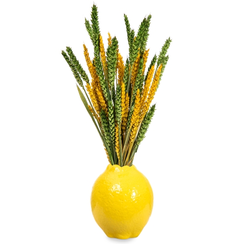 Lemon vase with green and yellow cereals
