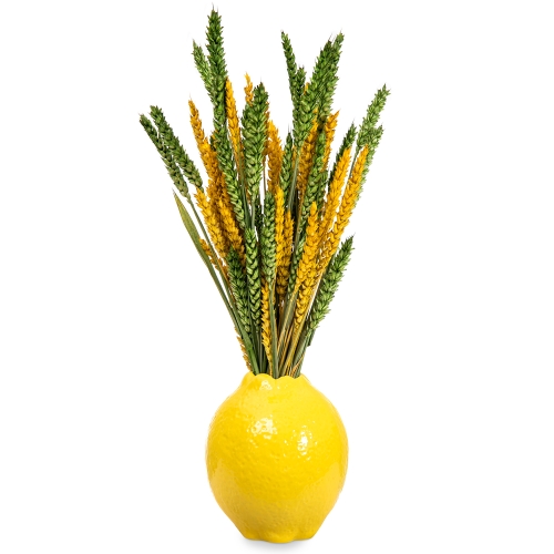 Lemon vase with green and yellow cereals