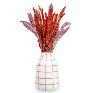 Vase with dried grains in orange and purple shades