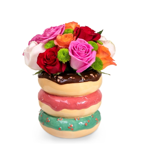 Donuts vase with colorful roses