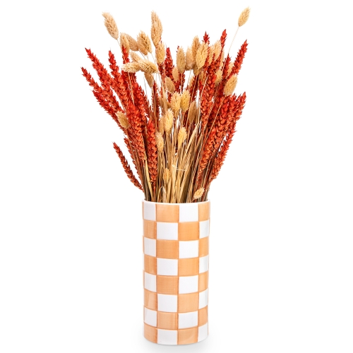 Dried grains in an orange checkered vase