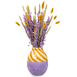 Floral arrangement with dried cereals in a purple-yellow vase