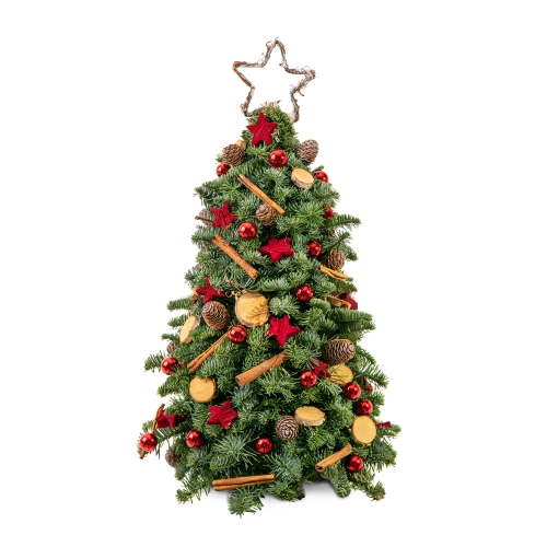 Christmas tree with real fir and red ornaments