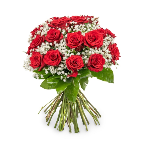 Red roses bouquet with baby's breath