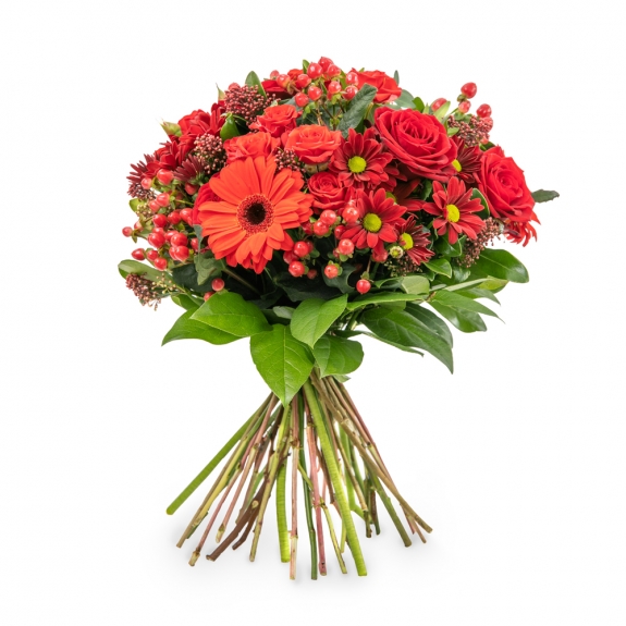 Red bouquet with roses hypericum and gerberas