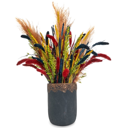 Dried colorful grains in a round clay vase