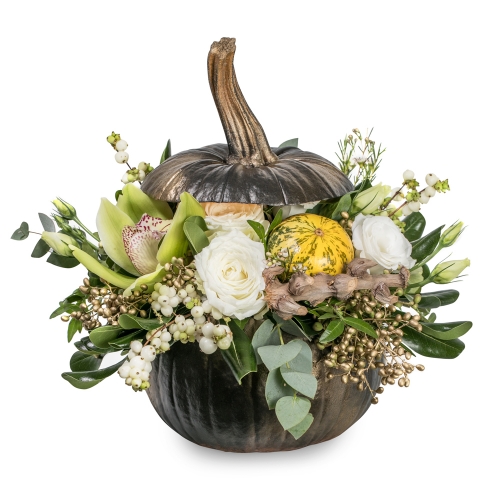 Dark gold pumpkin with white roses and orchids