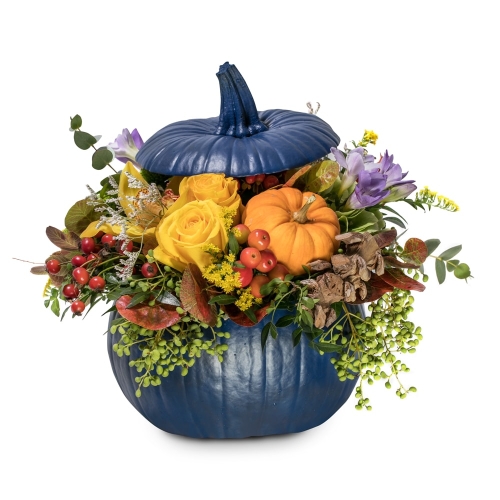 Blue pumpkin with orchids, roses and freesias
