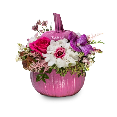 Pink pumpkin with hydrangea, roses and orchids