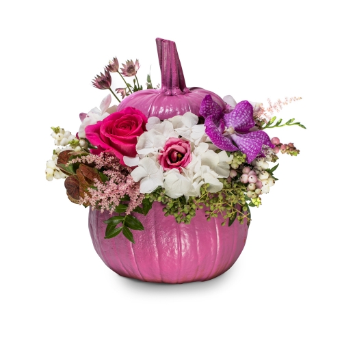 Pink pumpkin with hydrangea, roses and orchids