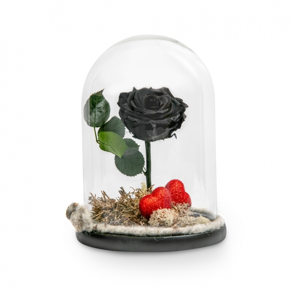 Μαύρο αναλλοίωτο τριαντάφυλλο με καρδιές σε γυάλινη καμπάνα
