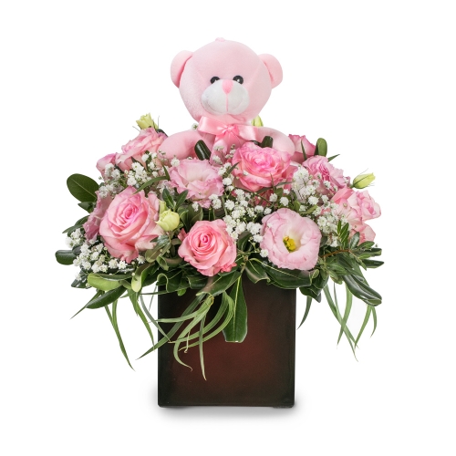 Pink roses and teddy bear arrangement