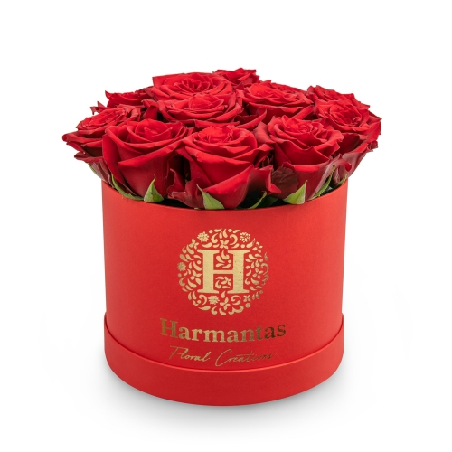 Red roses in red circular box