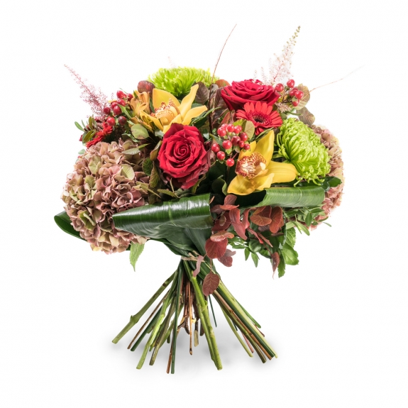 Orchids, chrysanthemum and roses bouquet