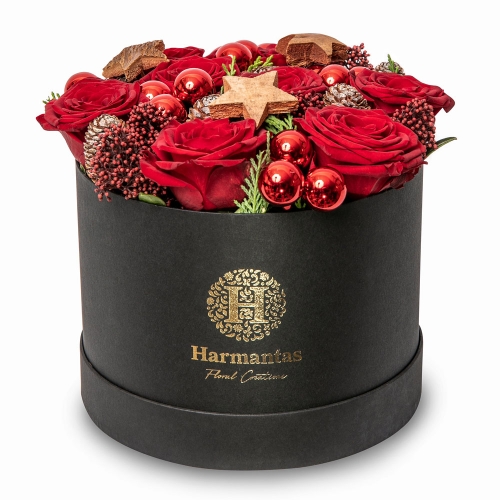 Christmas box with roses and ornaments