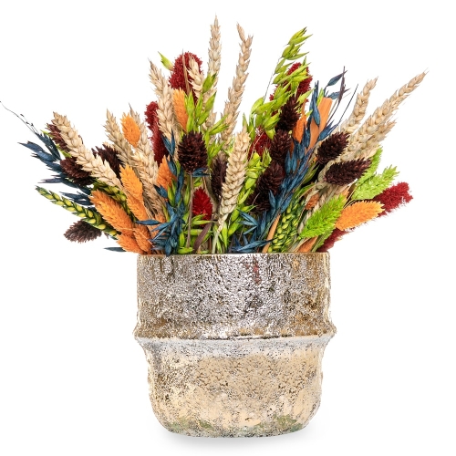 Golden vase with colorful grains