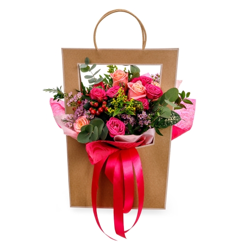 Fuchia bouquet in a bag with window