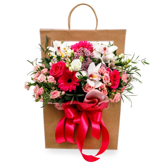 Fuchia big bouquet in a bag with window