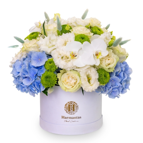 Beautiful flower aggangement in blue and white colors in a white box