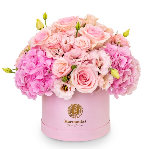 Luxury ροζ κουτί με ροζ ορτανσίες, τριαντάφυλλα και λυσίανθος