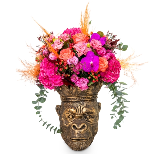 Gorilla vase with fuchia bouquet