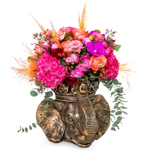 Elephant vase with fuchia bouquet