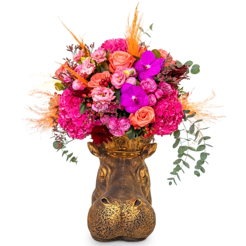 Hippo vase with fuchia bouquet