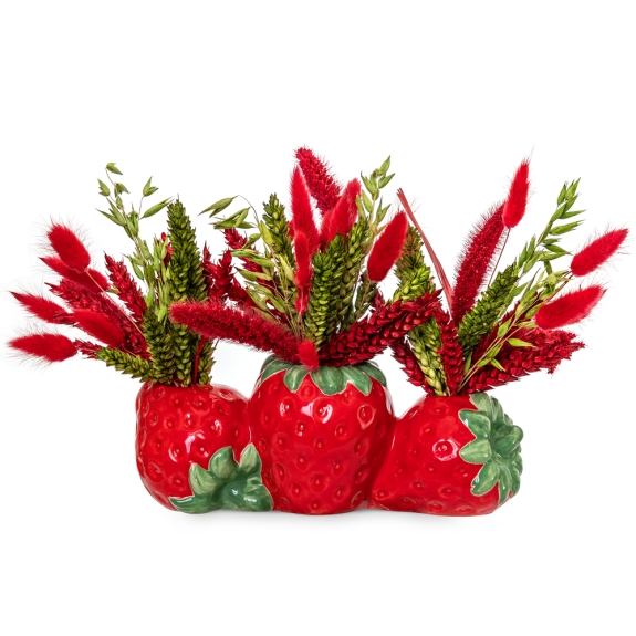 Three stawberries vase with dried cereals
