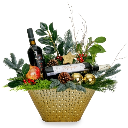 Golden pot with wines, pine and ornaments